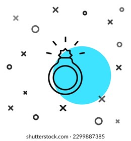 Línea negra Icono del anillo de compromiso de diamantes aislado en fondo blanco. Formas dinámicas aleatorias. Vector