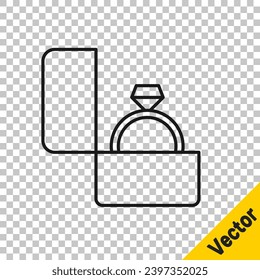 Línea negra Icono del anillo de compromiso de diamantes aislado en fondo transparente.  Vector
