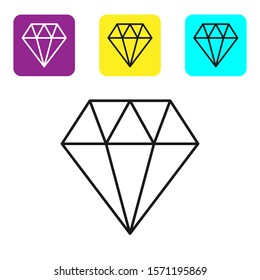 Black line Diamond icon isolated on white background. Jewelry symbol. Gem stone. Set icons colorful square buttons. Vector Illustration