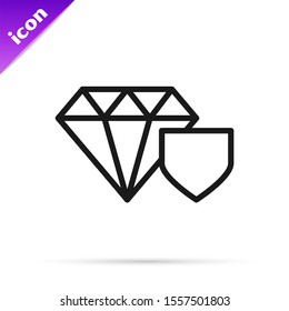 Black line Diamond with shield icon isolated on white background. Jewelry insurance concept. Security, safety, protection, protect concept.  Vector Illustration