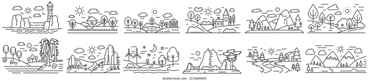 Black line different mini scenes landscapes set with mountains, forest fields and river vector illustration.