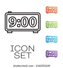 Black line Digital alarm clock icon isolated on white background. Electronic watch alarm clock. Time icon. Set icons colorful. Vector Illustration