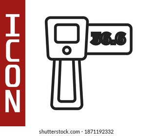 Línea negra Termómetro digital sin contacto con icono de luz infrarroja aislado en fondo blanco.  Vector