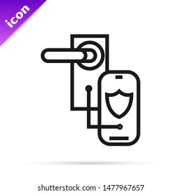 Black line Digital door lock with wireless technology for lock icon isolated on white background. Door handle sign. Security smart home.  Vector Illustration