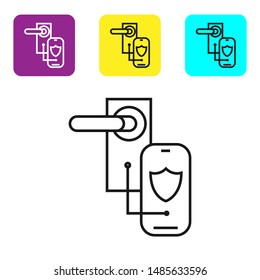 Black line Digital door lock with wireless technology for lock icon isolated on white background. Door handle sign. Security smart home. Set icons colorful square buttons. Vector Illustration
