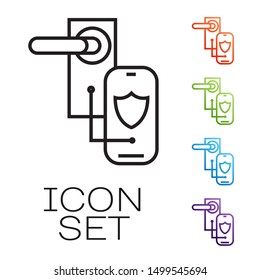 Black line Digital door lock with wireless technology for lock icon isolated on white background. Door handle sign. Security smart home. Set icons colorful. Vector Illustration