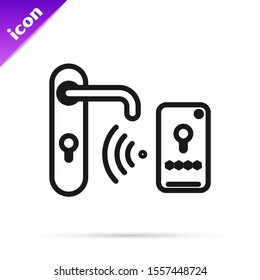 Black line Digital door lock with wireless technology for unlock icon isolated on white background. Door handle sign. Security smart home.  Vector Illustration