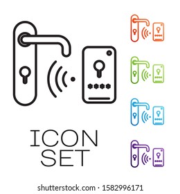 Black line Digital door lock with wireless technology for unlock icon isolated on white background. Door handle sign. Security smart home. Set icons colorful. Vector Illustration