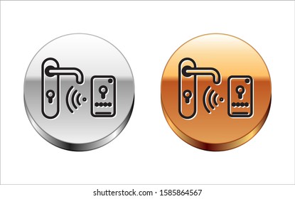 Black line Digital door lock with wireless technology for unlock icon isolated on white background. Door handle sign. Security smart home. Silver-gold circle button. Vector Illustration