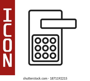 Línea negra Bloqueo digital de puertas con tecnología inalámbrica para el icono de desbloqueo aislado en fondo blanco. Señal de la manecilla de la puerta. Un hogar seguro e inteligente.  Vector