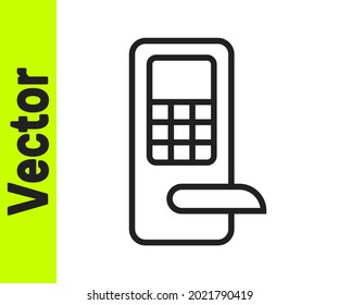 Línea negra Bloqueo digital de puertas con tecnología inalámbrica para el icono de desbloqueo aislado en fondo blanco. Señal de la manecilla de la puerta. Un hogar seguro e inteligente.  Vector