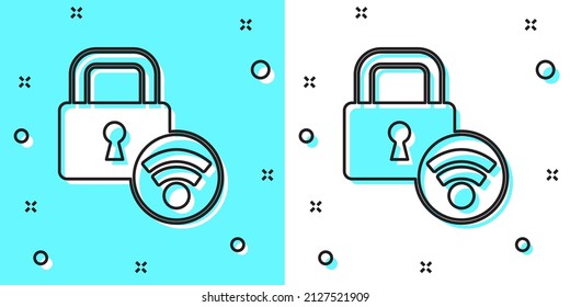 Línea negra Bloqueo digital de puertas con tecnología inalámbrica para el icono de desbloqueo aislado en fondo verde y blanco. Señal de la manecilla de la puerta. Un hogar seguro e inteligente. Formas dinámicas aleatorias. Vector