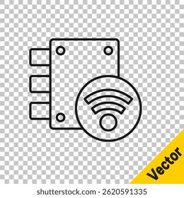 Black line Digital door lock with wireless technology for unlock icon isolated on transparent background. Door handle sign. Security smart home.  Vector