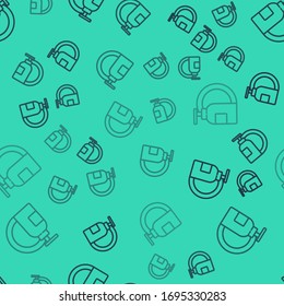 Black line Dishwashing liquid bottle and plate icon isolated seamless pattern on green background. Liquid detergent for washing dishes. Vector Illustration