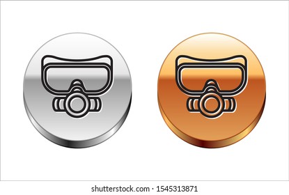 Black line Diving mask icon isolated on white background. Extreme sport. Sport equipment. Silver-gold circle button. Vector Illustration