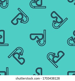Black line Diving mask and snorkel icon isolated seamless pattern on green background. Extreme sport. Diving underwater equipment.  Vector Illustration