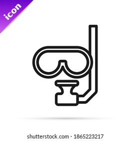 Black line Diving mask and snorkel icon isolated on white background. Extreme sport. Diving underwater equipment.  Vector