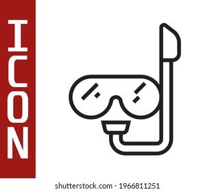 Black line Diving mask and snorkel icon isolated on white background. Extreme sport. Diving underwater equipment.  Vector