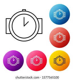 Black line Diving watch icon isolated on white background. Diving underwater equipment. Set icons colorful circle buttons. Vector Illustration