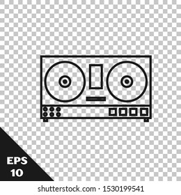 Black line DJ remote for playing and mixing music icon isolated on transparent background. DJ mixer complete with vinyl player and remote control.  Vector Illustration