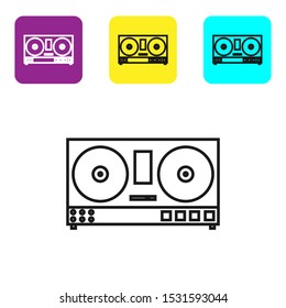 Black line DJ remote for playing and mixing music icon isolated on white background. DJ mixer complete with vinyl player and remote control. Set icons colorful square buttons. Vector Illustration