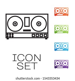 Black line DJ remote for playing and mixing music icon isolated on white background. DJ mixer complete with vinyl player and remote control. Set icons colorful. Vector Illustration