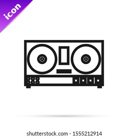 Black line DJ remote for playing and mixing music icon isolated on white background. DJ mixer complete with vinyl player and remote control.  Vector Illustration