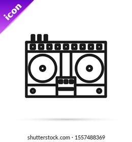 Black line DJ remote for playing and mixing music icon isolated on white background. DJ mixer complete with vinyl player and remote control.  Vector Illustration