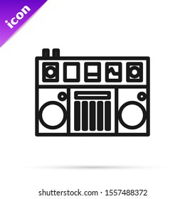 Black line DJ remote for playing and mixing music icon isolated on white background. DJ mixer complete with vinyl player and remote control.  Vector Illustration