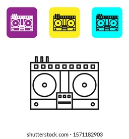 Black line DJ remote for playing and mixing music icon isolated on white background. DJ mixer complete with vinyl player and remote control. Set icons colorful square buttons. Vector Illustration