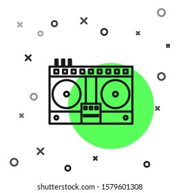 Black line DJ remote for playing and mixing music icon isolated on white background. DJ mixer complete with vinyl player and remote control.  Vector Illustration