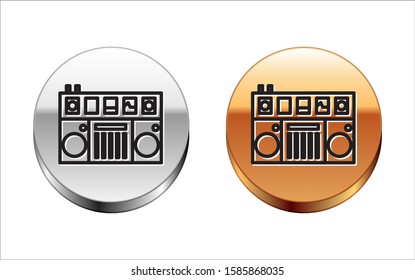 Black line DJ remote for playing and mixing music icon isolated on white background. DJ mixer complete with vinyl player and remote control. Silver-gold circle button. Vector Illustration