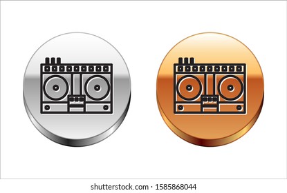 Black line DJ remote for playing and mixing music icon isolated on white background. DJ mixer complete with vinyl player and remote control. Silver-gold circle button. Vector Illustration