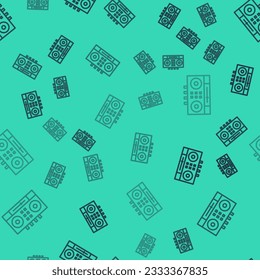 Black line DJ remote for playing and mixing music icon isolated seamless pattern on green background. DJ mixer complete with vinyl player and remote control.  Vector