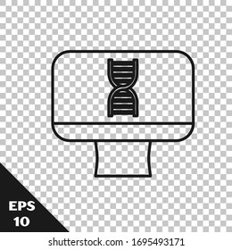 Black line DNA spiral and computer monitor icon isolated on transparent background. Polygonal medical technology research mesh art.  Vector Illustration