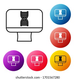 Icono de espiral de ADN de línea negra y monitor de computadora aislado en fondo blanco. Arte de malla de investigación poligonal de tecnología médica. Coloque iconos coloridos botones de círculo. Ilustración vectorial