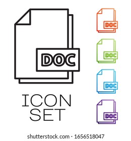 Black line DOC file document. Download doc button icon isolated on white background. DOC file extension symbol. Set icons colorful. Vector Illustration