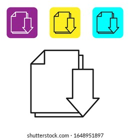 Schwarzes Dokument mit Download-Symbol einzeln auf weißem Hintergrund. Dateidokumentsymbol. Stellen Sie Symbole mit bunten Quadrat-Schaltflächen ein. Vektorillustration-Illustration
