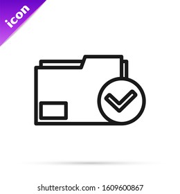 Black line Document folder and check mark icon isolated on white background. Checklist icon. Business concept.  Vector Illustration
