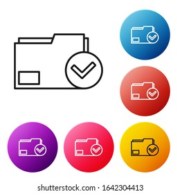 Black line Document folder and check mark icon isolated on white background. Checklist icon. Business concept. Set icons colorful circle buttons. Vector Illustration