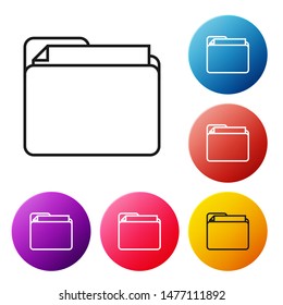 Black line Document folder icon isolated on white background. Accounting binder symbol. Bookkeeping management. Set icons colorful circle buttons. Vector Illustration