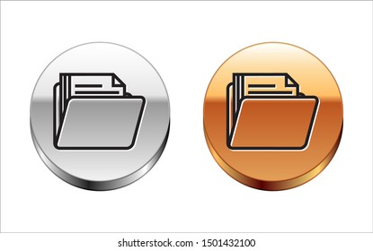 Black line Document folder icon isolated on white background. Accounting binder symbol. Bookkeeping management. Silver-gold circle button. Vector Illustration