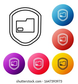 Icono de concepto de protección de carpetas de documentos de línea negra aislado en fondo blanco. Información confidencial e idea de privacidad, guardia, escudo. Establezca los iconos de los botones de círculo coloridos.  Ilustración vectorial