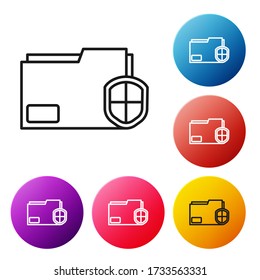 Black line Document folder protection concept icon isolated on white background. Confidential information and privacy idea, guard, shield. Set icons colorful circle buttons. Vector Illustration