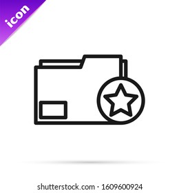 Black line Document folder with star icon isolated on white background. Document best, favorite, rating symbol.  Vector Illustration