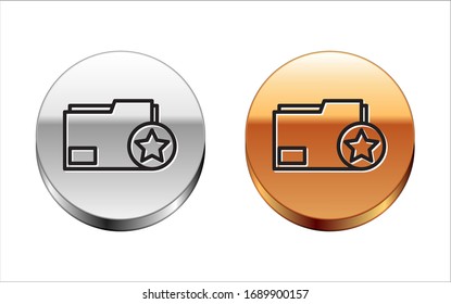 Black line Document folder with star icon isolated on white background. Document best, favorite, rating symbol. Silver-gold circle button. Vector Illustration