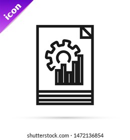 Black line Document with graph chart icon isolated on white background. Report text file icon. Accounting sign. Audit, analysis, planning.  Vector Illustration