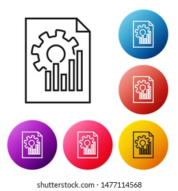 Black line Document with graph chart icon isolated on white background. Report text file icon. Accounting sign. Audit, analysis, planning. Set icons colorful circle buttons. Vector Illustration