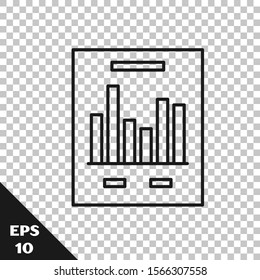 Black line Document with graph chart icon isolated on transparent background. Report text file icon. Accounting sign. Audit, analysis, planning.  Vector Illustration