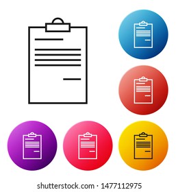 Black line Document icon isolated on white background. File icon. Checklist icon. Business concept.  Set icons colorful circle buttons. Vector Illustration